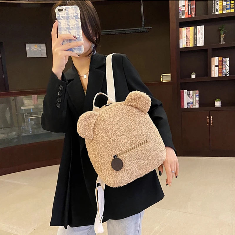 Cute Bear Ear Plush Backpack for Kids Adult Lamb Fleece Shoulder Bag High-capacity Korean Parent-Child Bags Boys Girls Backpacks