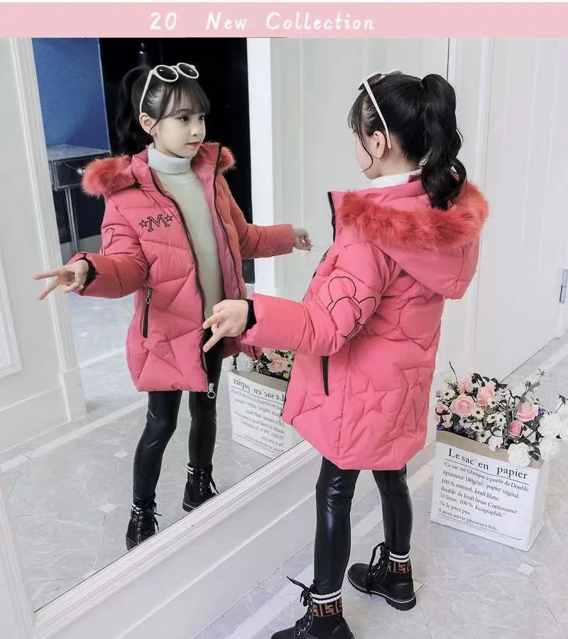 5-14 Years Old Winter Boys Girls Jacket Long Style Hooded Fur Collar Colorful Heavy Coat For Kids Children Outerwear