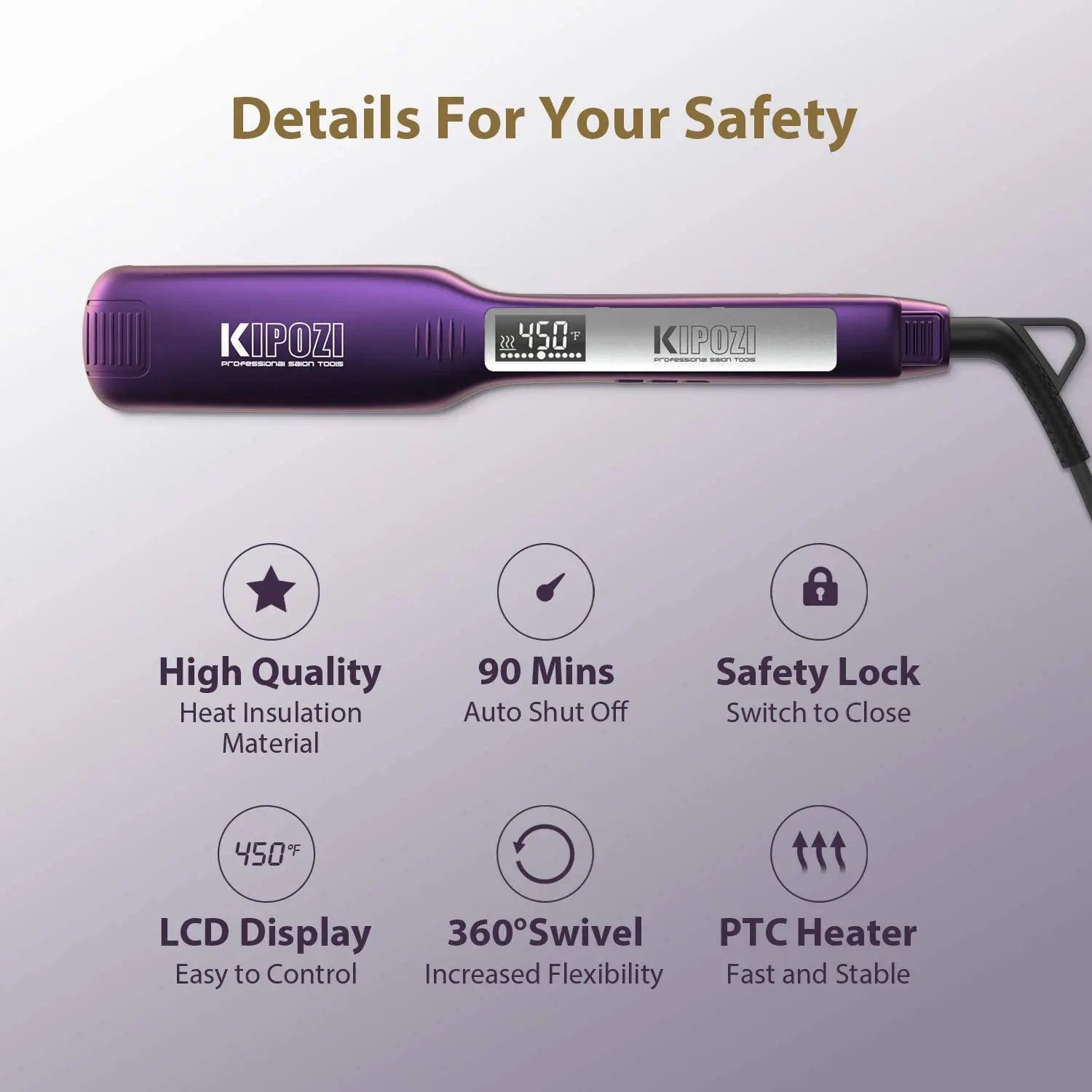 KIPOZI Professional Titanium Flat Iron Hair Straightener with Digital LCD Display Dual Voltage Instant Heating Curling Iron