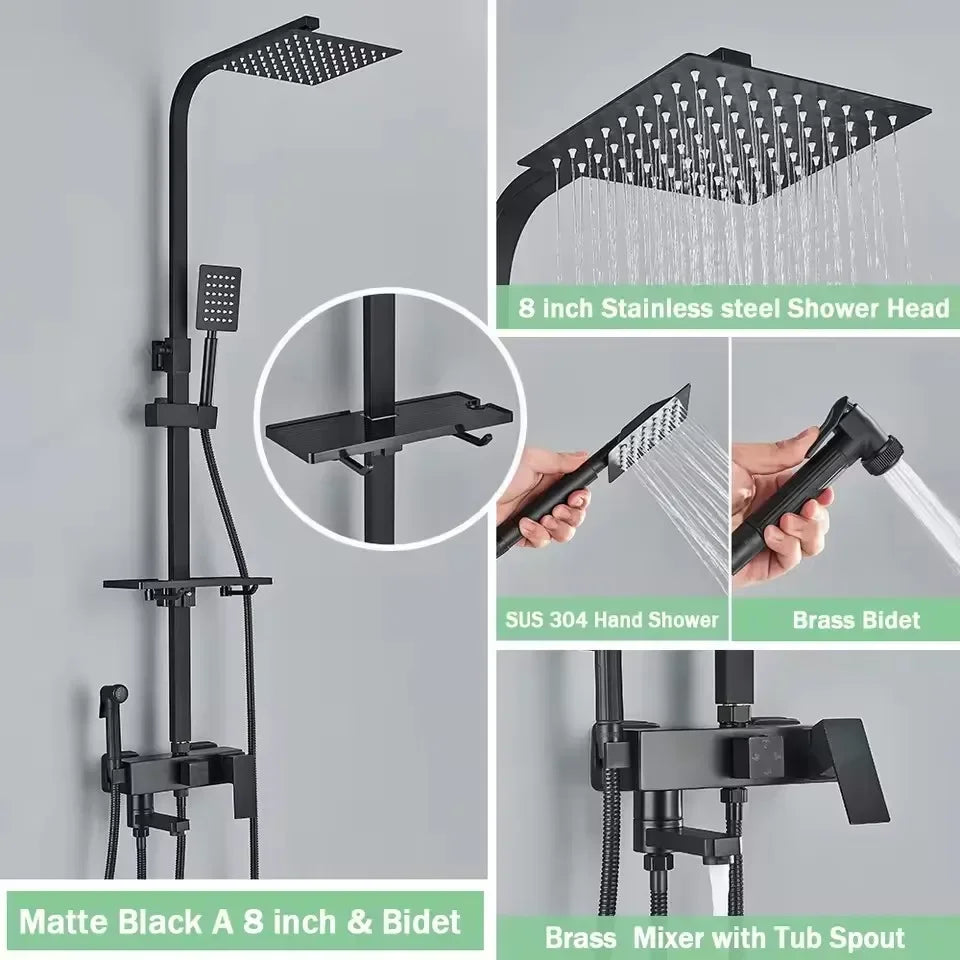 Black Gold Bathroom Shower System Brass Hot Cold Bathroom Faucets Set Accessories 10 Inch Stainless Steel Rain Shower Head