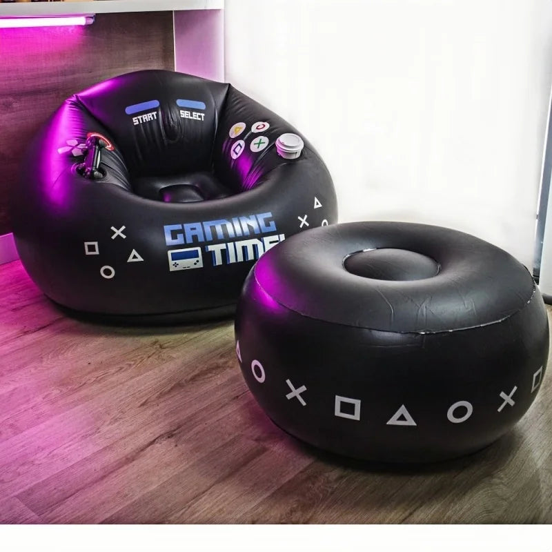 Creative Esports Game Inflatable Circular Sofa Chair with Cup Holder and Side Pockets Music Karaoke Black Bean Bag Sofa