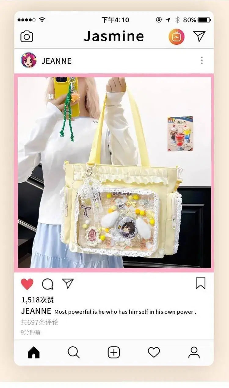 New Y2K Cute Japanese Ita Bag Lolita Girl Transparent Shoulder Tote Bag Large Capacity Crossbody Casual Bag DIY Display Handbags