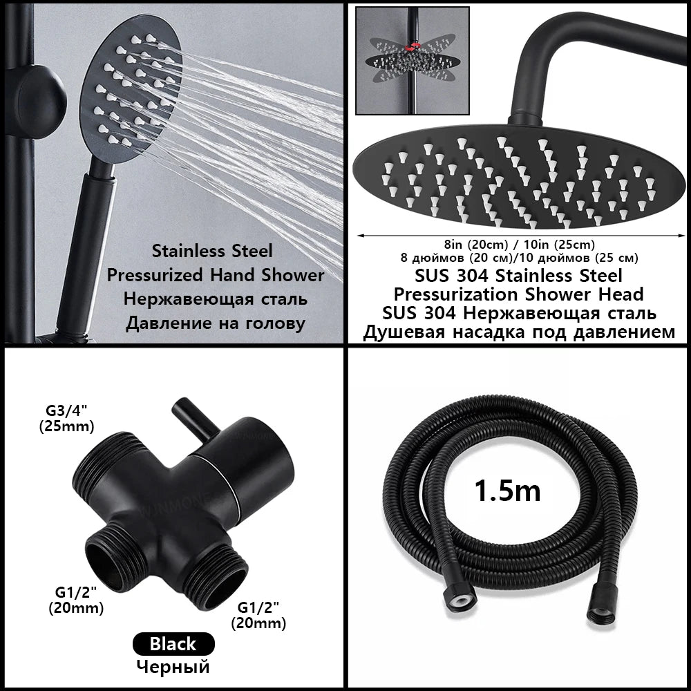 Black/Chrome Bathtub Split Rain Shower Set with Handheld Bathroom Rainfall Shower System Faucet Accessories Adapter Mixer Taps