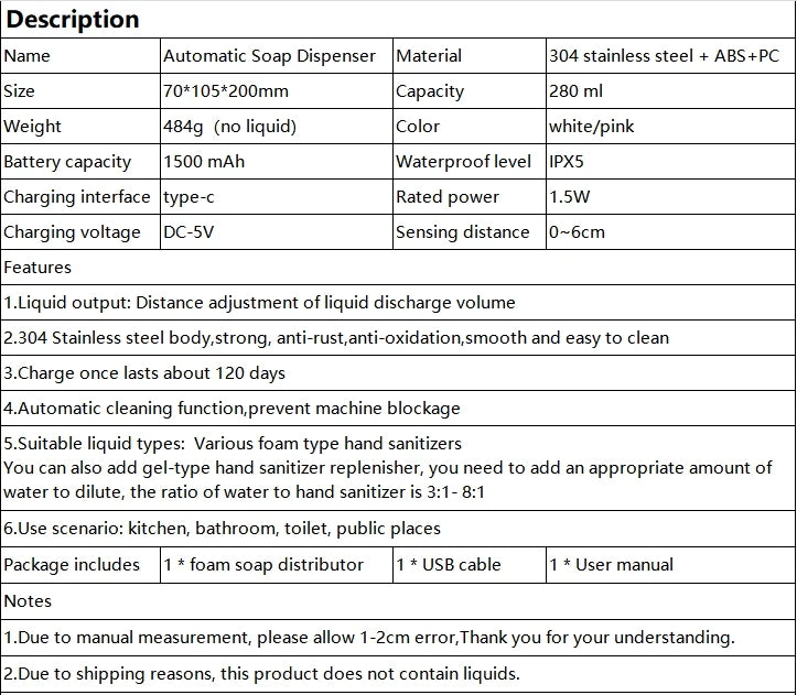Stainless Automatic Soap Dispensers Rechargeable Touchless Sensor Smart Washing Hand Machine Liquid Hand Sanitizer Pump Foaming