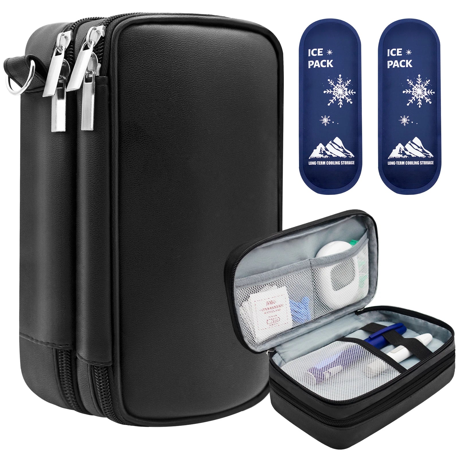 Insulin Bag for Diabetics - Pu Leather Double Layer Case for Insulin Pens, Test Kits, Travel Medical Organizer with Handle