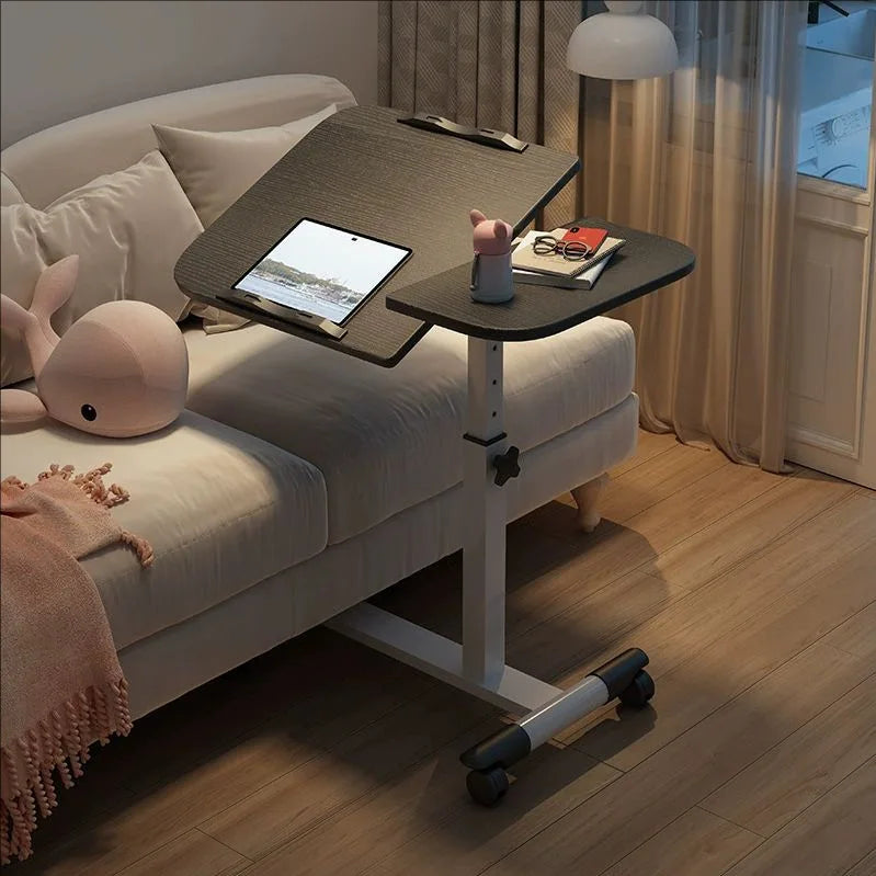 Tilting Overbed Table with Wheels, Height Adjustable Bedside Desk, 2 Tilting Desktops, Mobile Laptop Table Stand Desk