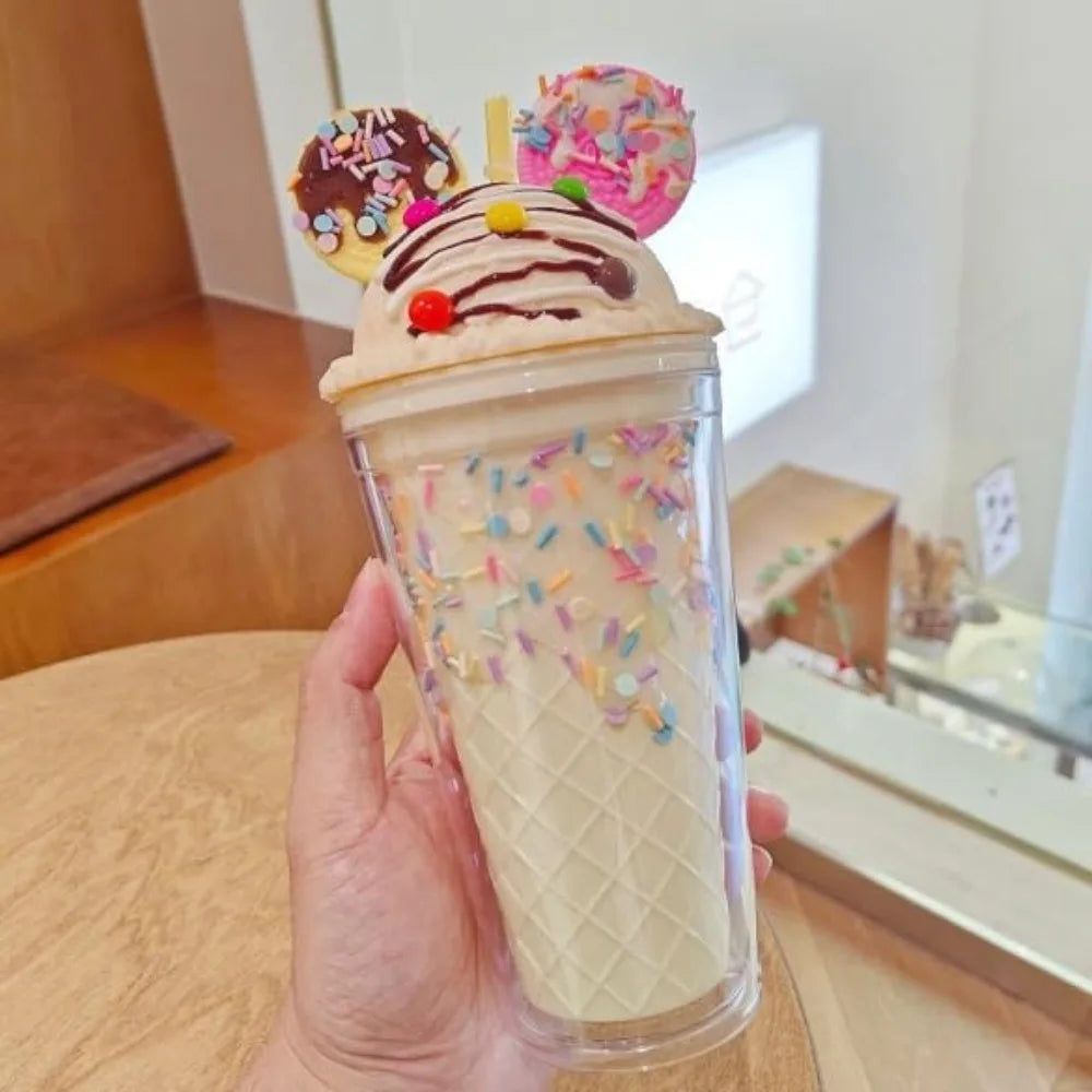 450ml Cute Straw Cup,Ice Cream Lids for Stanley Tumbler,Reusable Plastic Cups,Summer Drinkware Cold Brew,Girl Water Bottle Gift