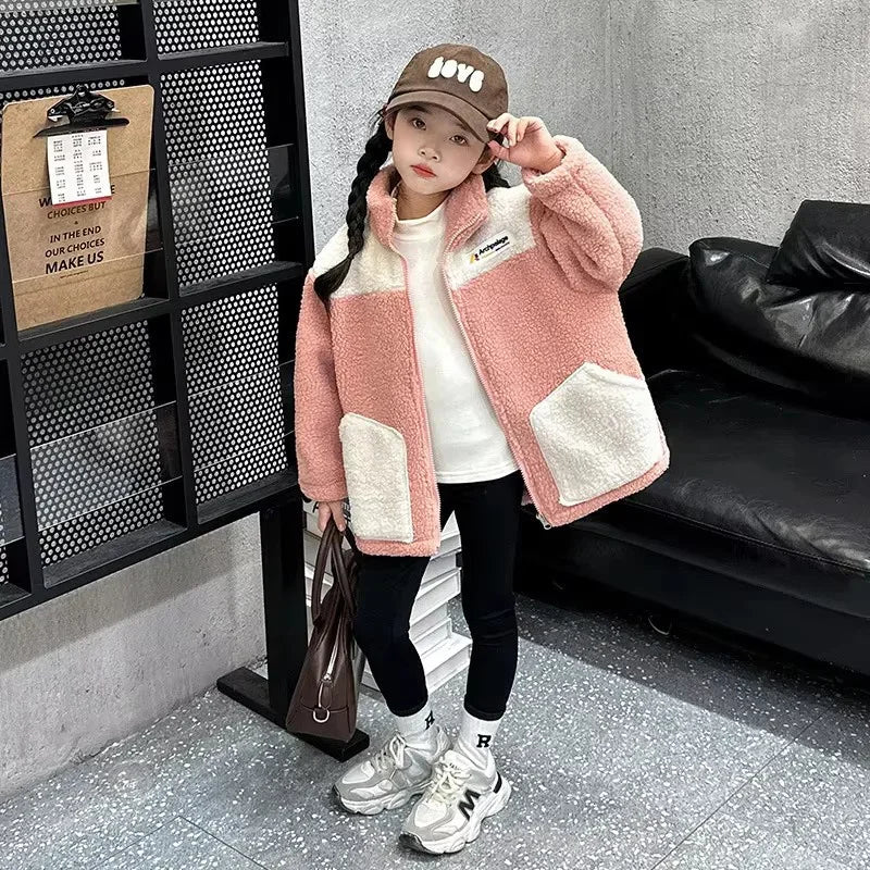LambWool Warm Jackets For Girls Children Autumn Winter Outerwear Kids Plus Velvet Coats New Teenager Fashion Padded Clothing