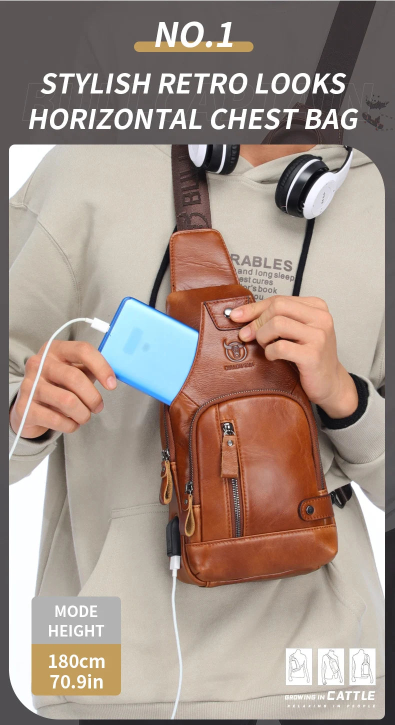 Bullcaptain Leather Large Capacity Chest Bag Men's Shoulder Bag with USB Port for Outdoor Casual Activities