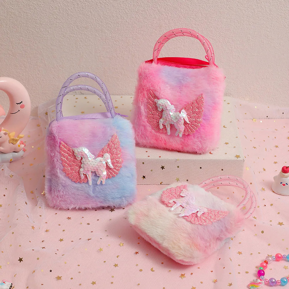 1 Piece Cute Furry Cartoon Kids Shoulder Bag for Girl Plush Shiny Cartoon Unicorn Crossbody Bag Baby Small Stuff Storage Bag