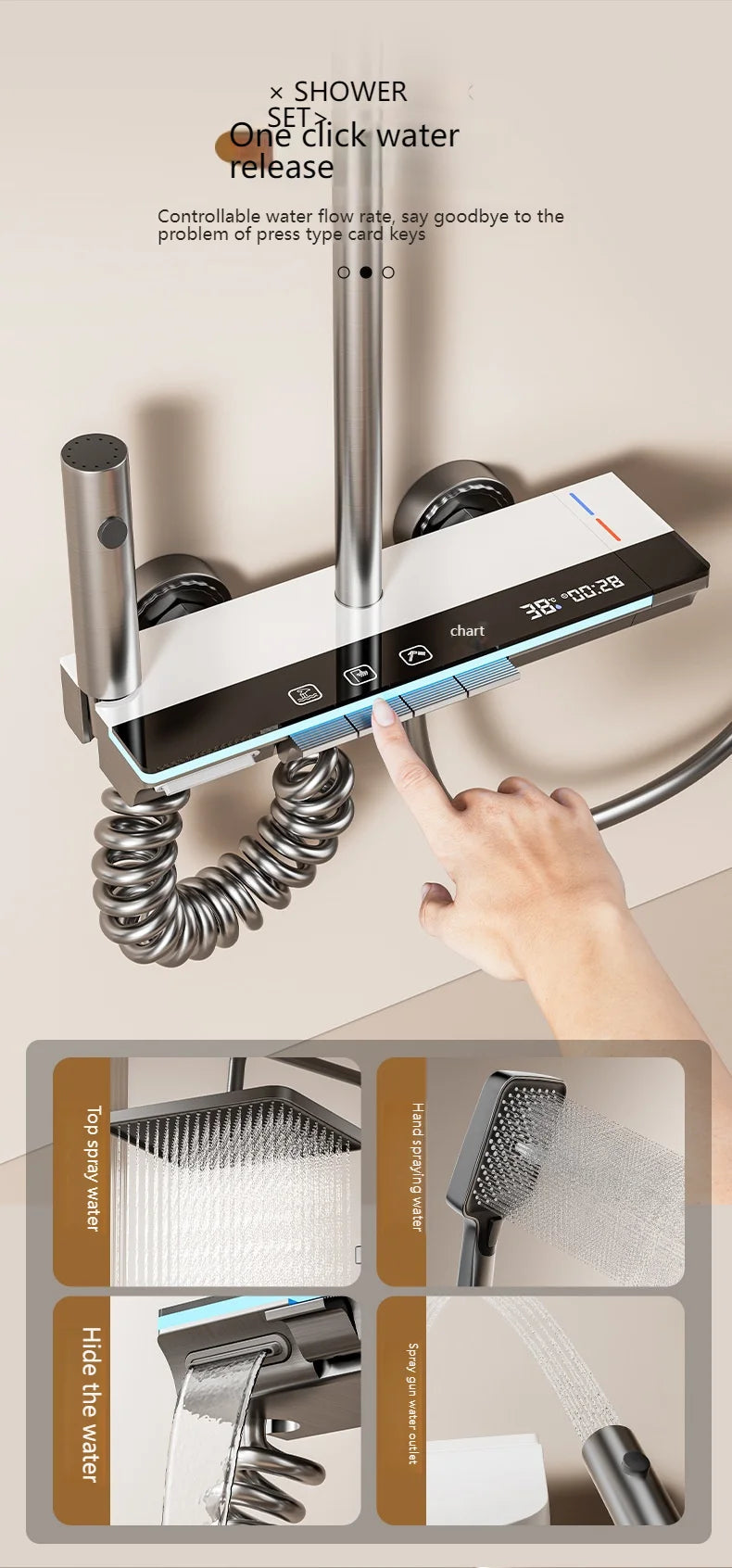 Smart Digital Display Bathroom Shower Set Piano Key Rainlfall Bath Showers System Set Apartment Bathtub Shower Faucet Full Set