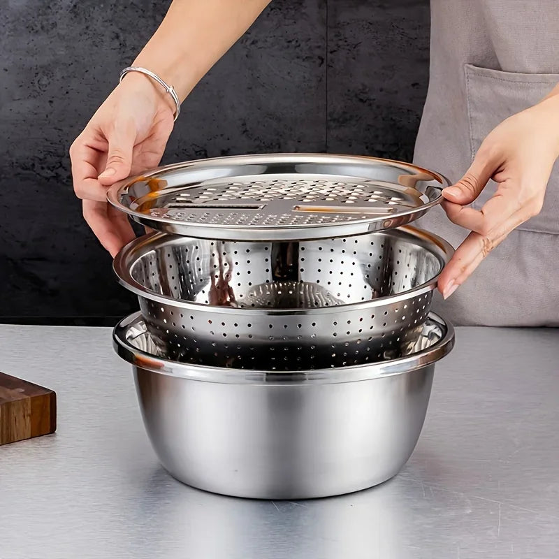3pcs Stainless Steel Kitchen Set w/Grinder, Filter & Bowl. Safe, Multi-use for Fruits, Veggies, Cheese.Perfect for Home Cooking!