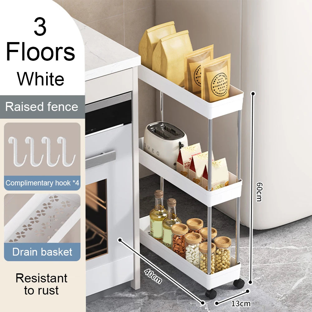 3/4 Tier Movable Gap Storage Rack Rolling Utility Cart Storage Shelf Kitchen Bathroom Slim Slide Organizer Shelf Livingroom