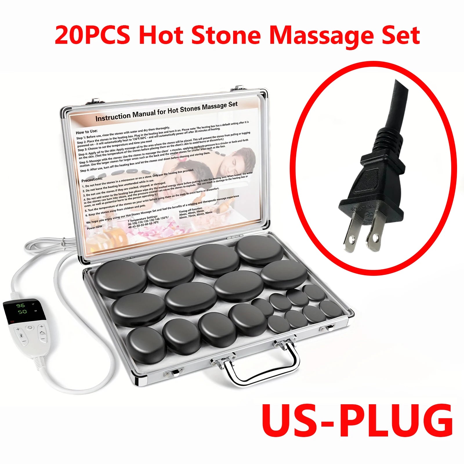 HOT STONE MASSAGE SET WITH TEMPERATURE ADJUSTMENT - Hot Stone Massage Set with Heater, Professional Spa Massage Tool - For Neck,