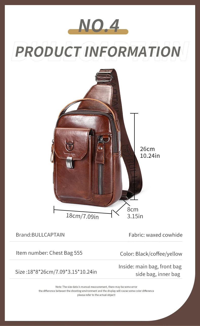 BULLCAPTAIN Men's Genuine Leather Chest Bag Casual Retro 7.9-inch Mobile Phone Bag Multifunctional Anti-Theft Crossbody Bag