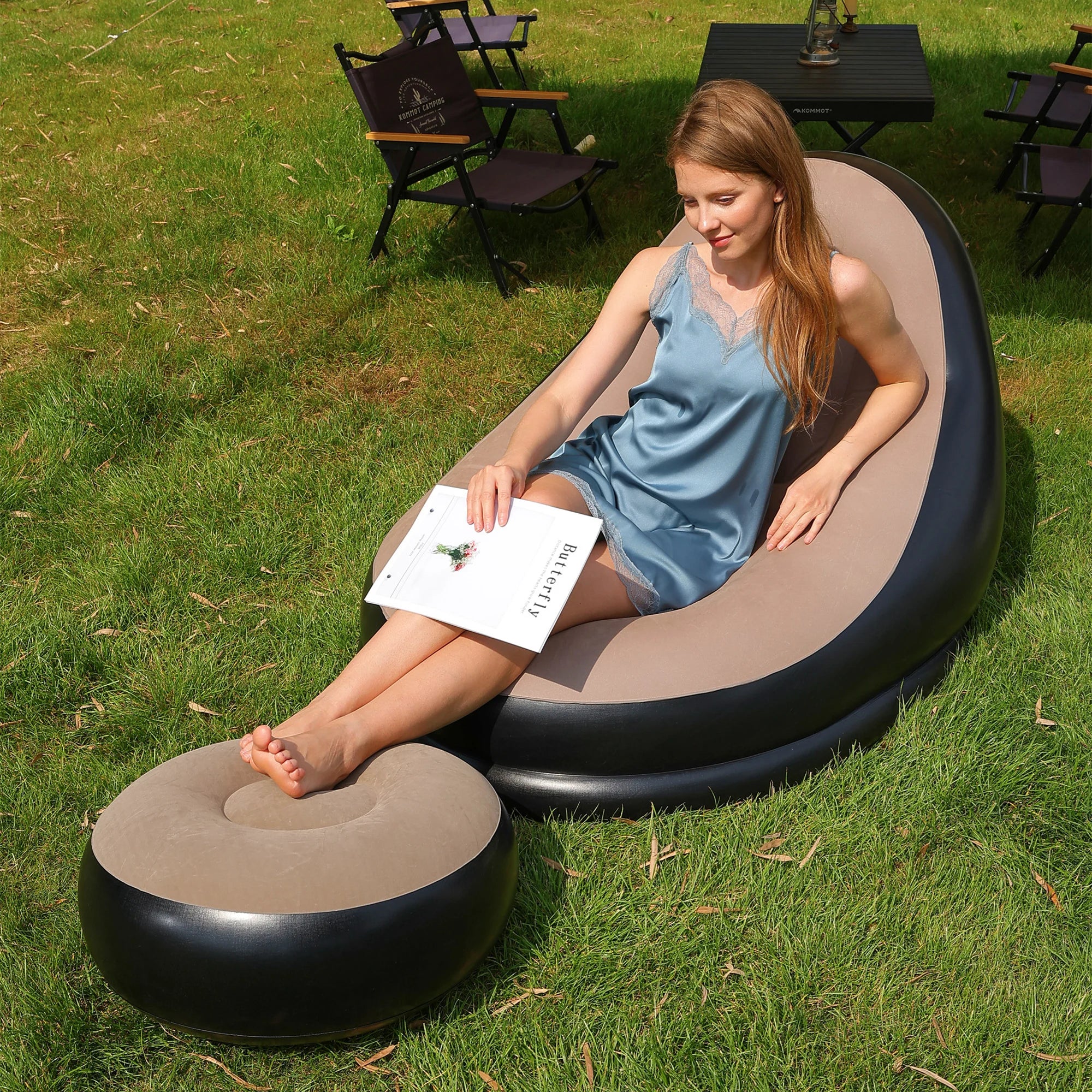 Lazy Couch Sofas Inflatable Chair Foldable Recliner Outdoor Sofa Bed Footstool Portable Folding Air Bed Lunch Lounge Chair Set