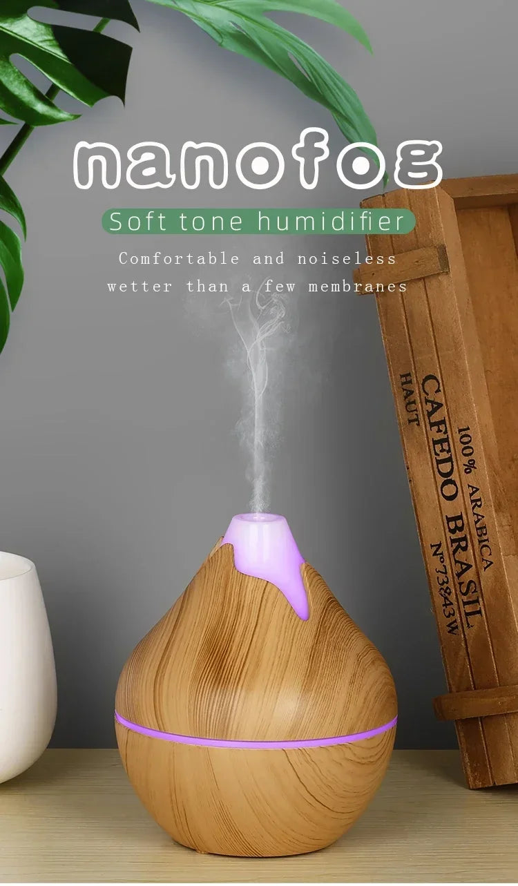 350ML Aromatherapy Essential Oil Diffuser Wood Grain Remote Control Ultrasonic Air Humidifier Cool with 7 Color LED Light