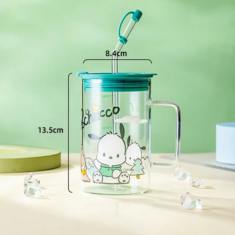 For Sanrio Collaboration Straw Glass Cup Transparent Coffee Mug Cartoon Print Water Cup with Scale＆Handle Home/Office Drinkware