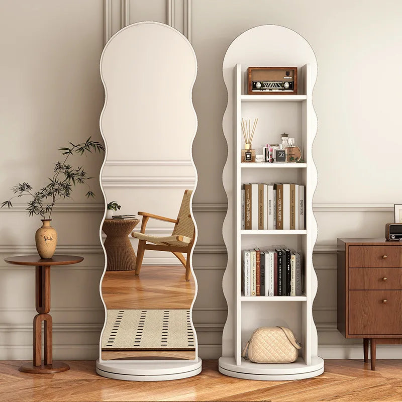 Wave rotating full-length mirror Vertical movable full-body floor mirror Magazine bookshelf Rotating storage fitting mirror