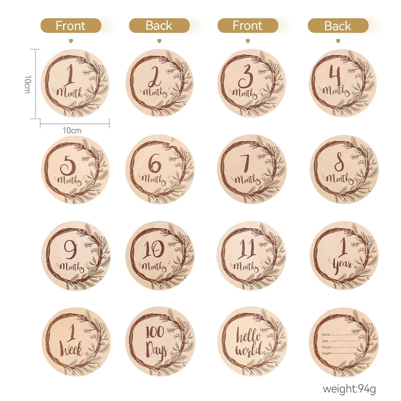 Baby Wooden Monthly Memorial Milestone Cards Flower Monthly Newborn Engraved Age Photography Accessories Baby Birthing Gift