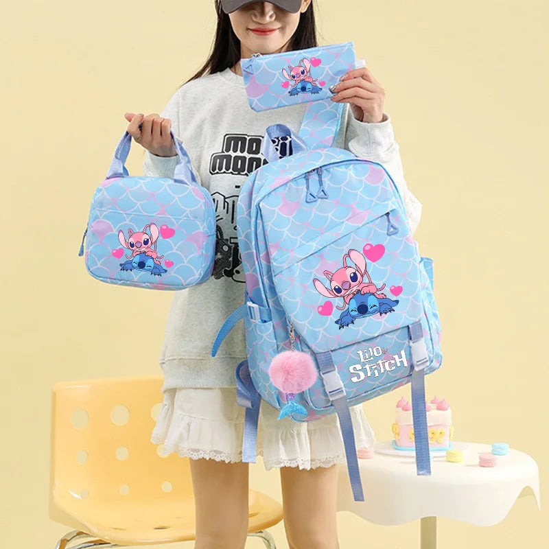 3Pcs Backpack Set Lilo Stitch Girl Kid Student Schoolbags Double Shoulder Bag Travel Pen Lunch Bag Kawaii Bookbag Laptop Bag Set