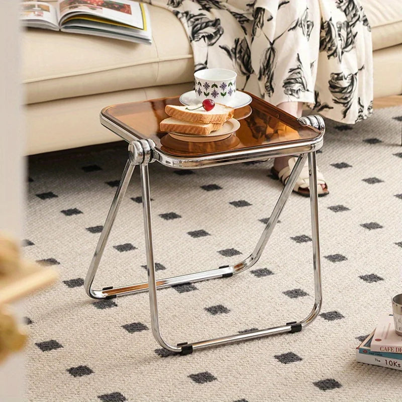 Transparent Folding Sofa side table Modern Coffee Table with Metal Frame, Ideal for Living Room Bedroom Compact Storage
