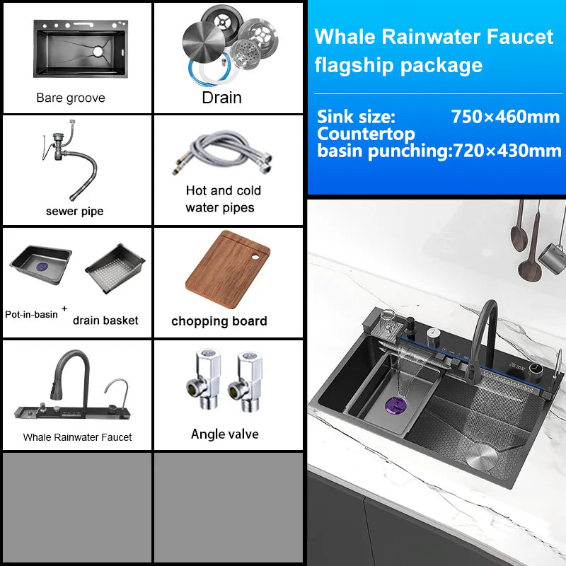 Stainless Steel Waterfall Kitchen Sink New Embossed Extra Large Single Slot Modern Digital Display Dishwashing Basin
