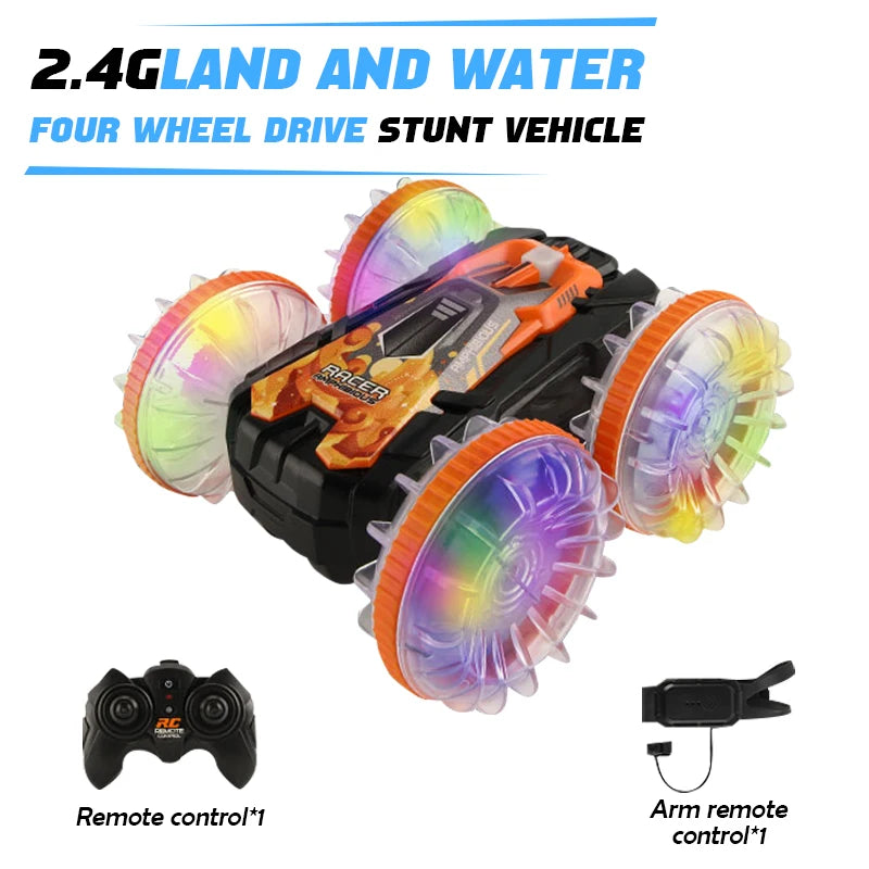 New LED Amphibious RC car Dual remote control waterproof stunt car double side flip drift drive 360 ° rotation rc cars Kids toy