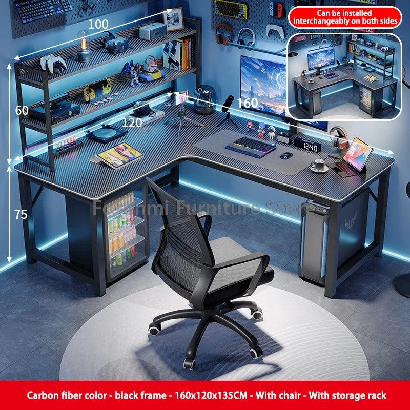 Modern L-Shaped Gaming Work Desk Chair Set Corner PC Table for Room Home Office Computer Desk and Chair Set Furniture with Shelf
