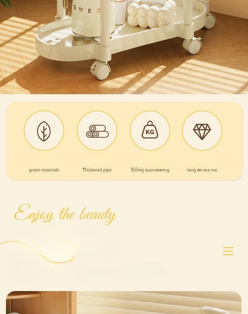 Cream Style Coffee Table Cart Creative Double-layer Snack Rack Bedroom Living Room Mobile Side Table Bedside Table Storage Rack