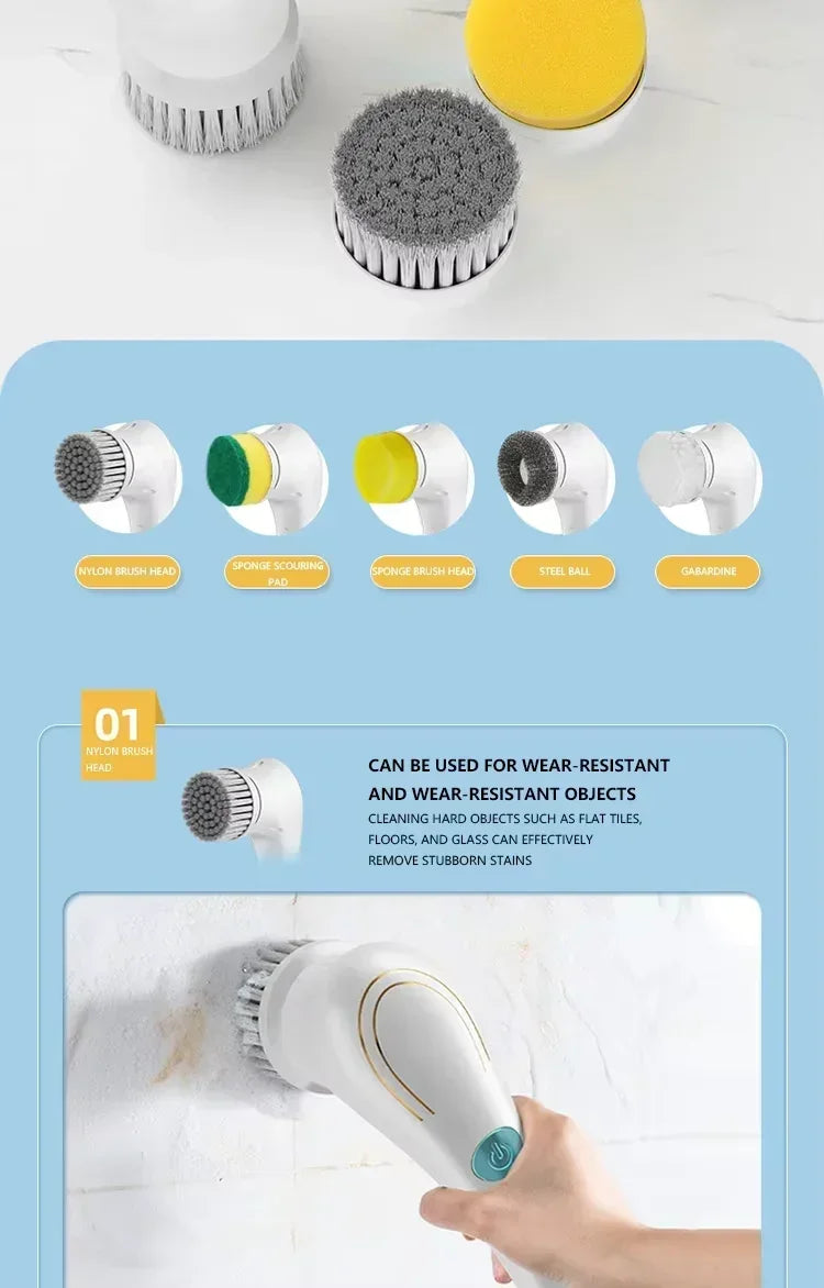 5 in 1 Multi-function Kitchen Home Bathroom Cleaning Tool Automatic Cordless Electric Cleaning Brush Rechargeable Brush