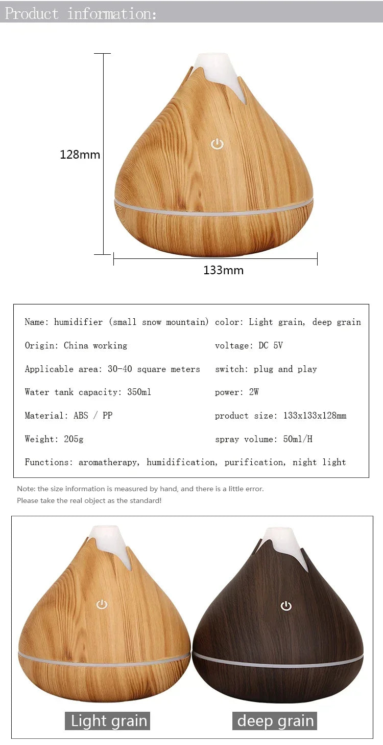 350ML Aromatherapy Essential Oil Diffuser Wood Grain Remote Control Ultrasonic Air Humidifier Cool with 7 Color LED Light