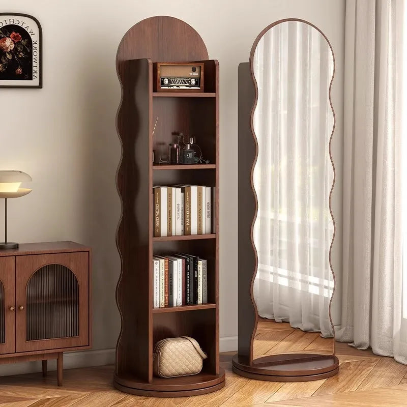 Wave rotating full-length mirror Vertical movable full-body floor mirror Magazine bookshelf Rotating storage fitting mirror