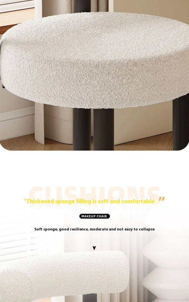 Cloud Vanity Stool Plush Lambwool Round Silhouette, Bedroom Makeup Chair with Designer Cloud Aesthetic Ergonomic Lumbar Support