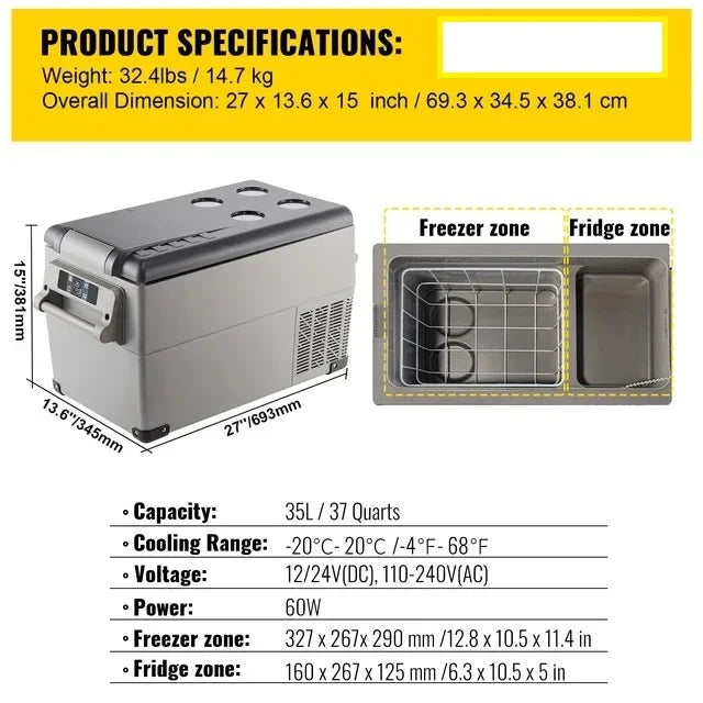 35L/45L/55L Car Refrigerator Mini Fridge Freezer Portable Compressor Cooler 12/24V DC 110-240V Ice Box for Camping
