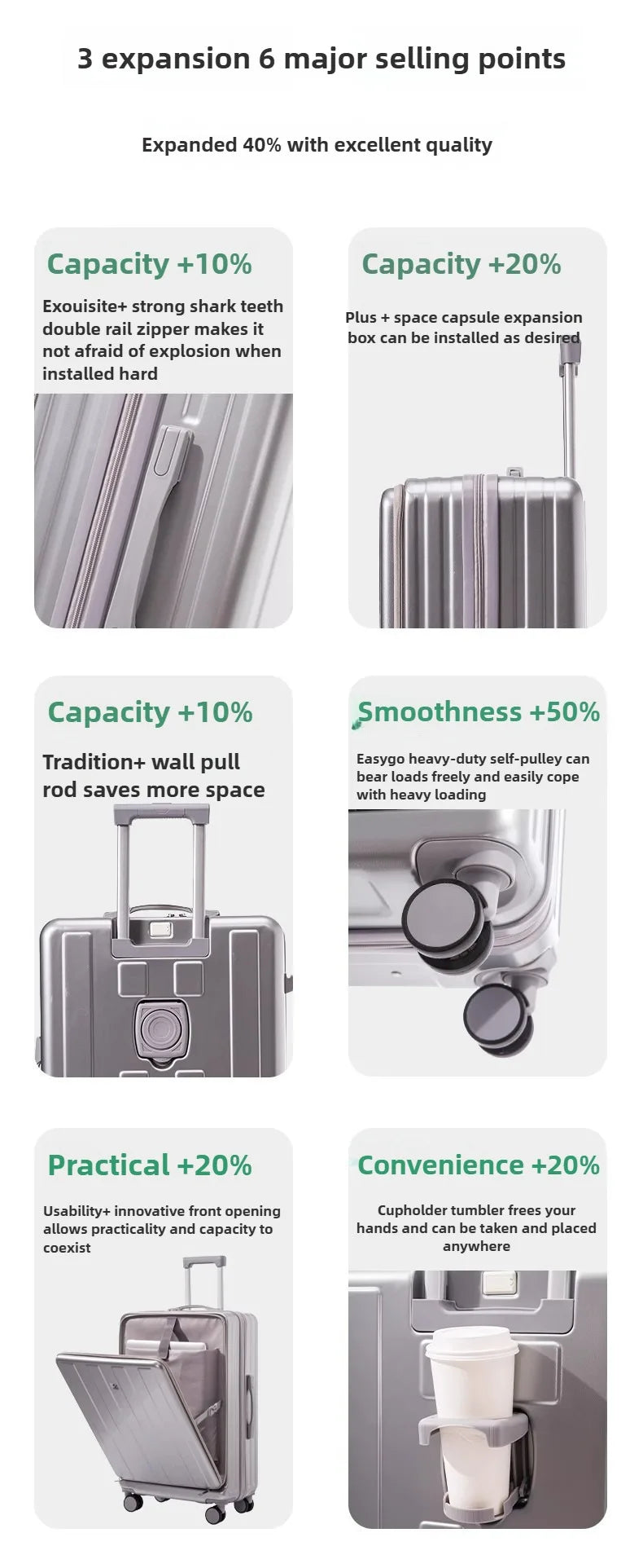 Multifunction Large Capacity Luggage Business Carry on Boarding USB Charging Cup Holder Front Opening Lid Trolley Suitcase