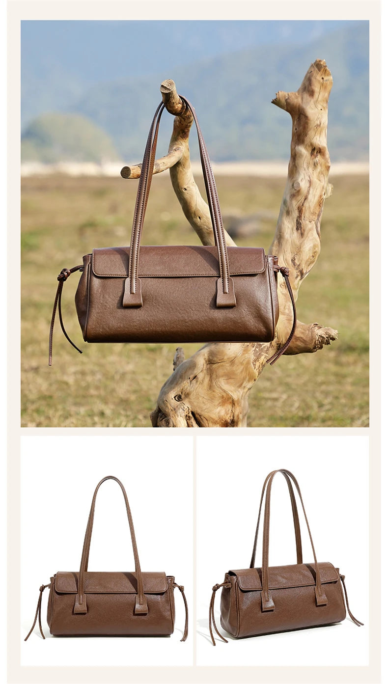 2025 New Genuine Leather Women's Shoulder Bag Large Capacity Cowhide Luxury Handbag Long Strip Black Baguette Bag Female