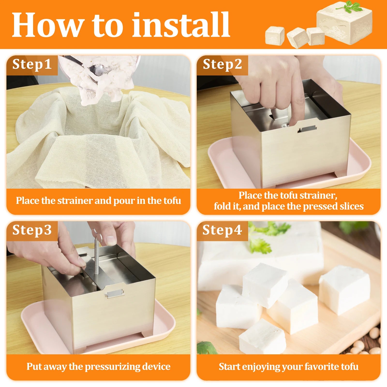 Stainless Steel Tofu Mold and White Cotton Gauze Cheesecloth DetachableSoybean Curd Tofu Making Mold Kitchen Cooking Tool