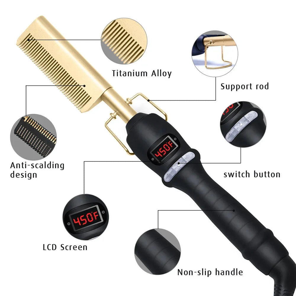 Hot Comb Straightener for Wigs and African Hair Flat Irons Fast Heating Straightening Brush Straight & Curler Roller Styler Tool