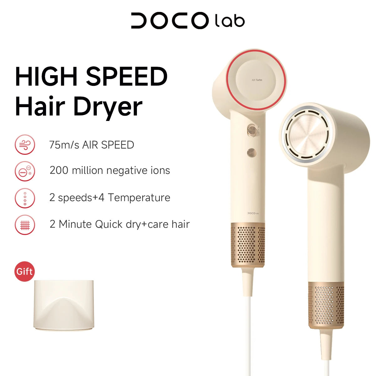 DOCO Hair Dryer High Speed 200 million Negative Ions Hair Care Professional Lightweight Home Travel Gift 110000 Rpm