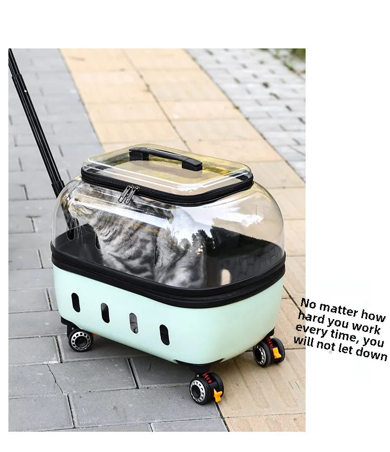 Fashion Transparent Cat Cage Large Capacity Pet Suitcase Breathable Cat Carriers Pull Rod/Handheld Dual Use Cat Transport Cart