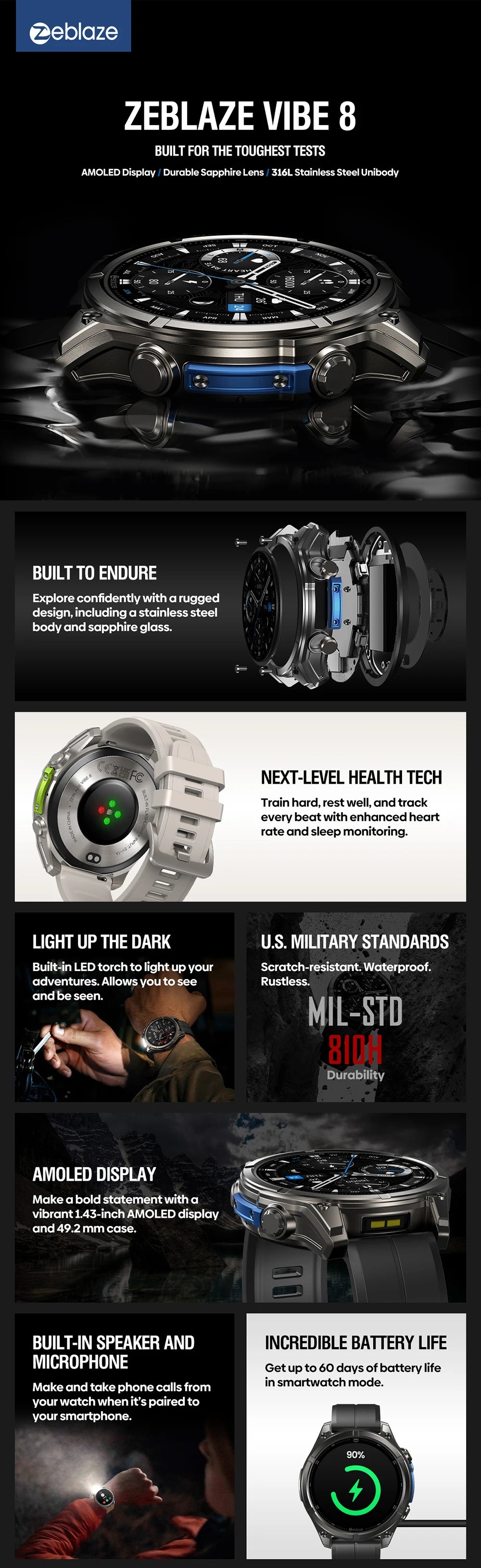 New Zeblaze VIBE 8 AMOLED Display Built-in Flashlight Smartwatch Sapphire Lens Make/Receive Calls HR/BP Monitoring Smart Watch