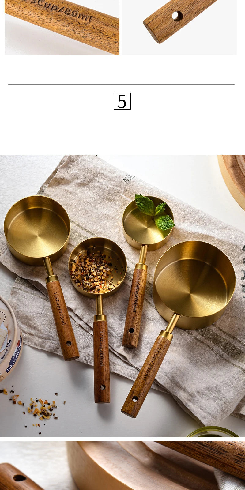 Measuring Spoon Set Wooden Handle Stainless Steel Measuring Cups Spoons Baking Tools Coffee Bartending Scale Kitchen Accessories