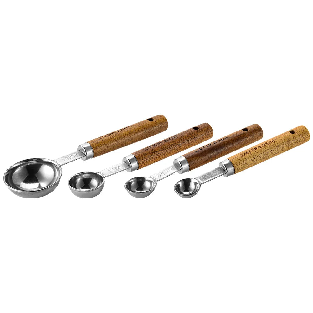Measuring Spoon Set Wooden Handle Stainless Steel Measuring Cups Spoons Baking Tools Coffee Bartending Scale Kitchen Accessories