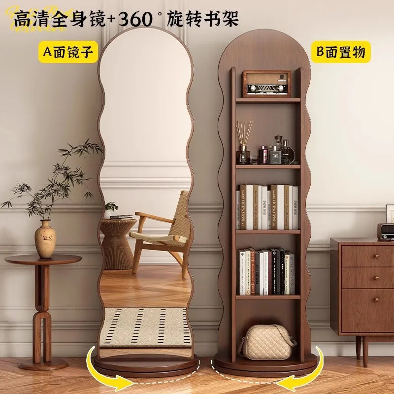 Wave rotating full-length mirror Vertical movable full-body floor mirror Magazine bookshelf Rotating storage fitting mirror