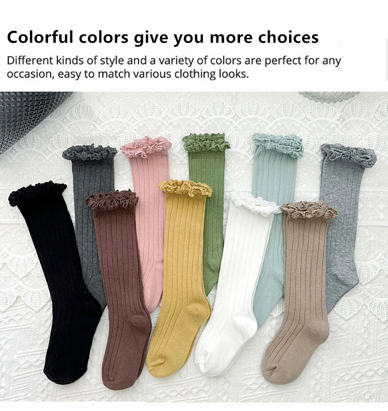 Girls Knee High Socks Baby Kids Toddlers Ruffle Long Soft Cotton Sock Lace Flower Children School Socks