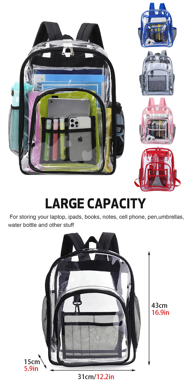 Transparent Shoulder Bag Unisex Fashion Simple Large Capacity Portable Backpacks Multifunctional Waterproof Male Female Knapsack