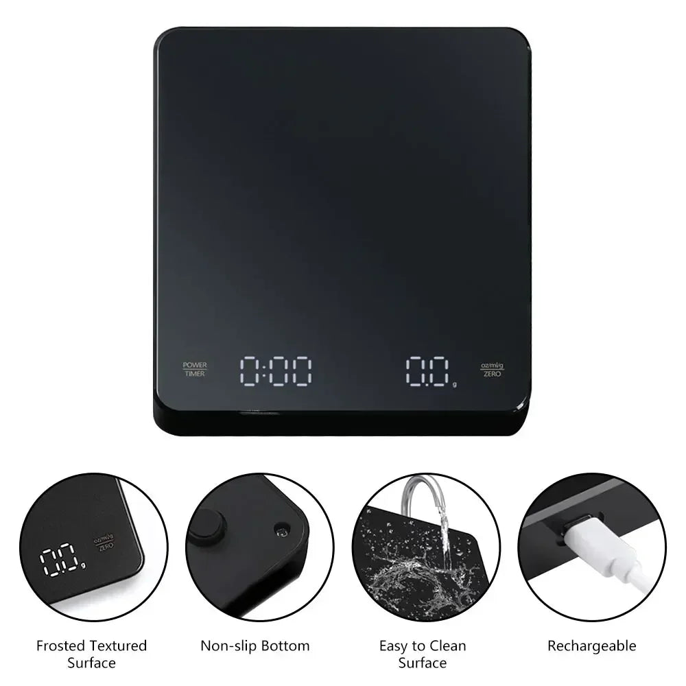 Digital Rechargeable Coffee Scale with Timer 3kg Max 0.1g Precision LED Screen USB Espresso Kitchen Scale for Brewing