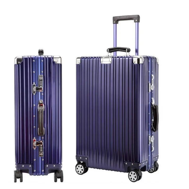 Top Quality Aluminum-Magnesium Alloy Vintage Suitcase, 20/24/26/29 Inch Lightweight Travel Trolley Luggage With Leather Handle