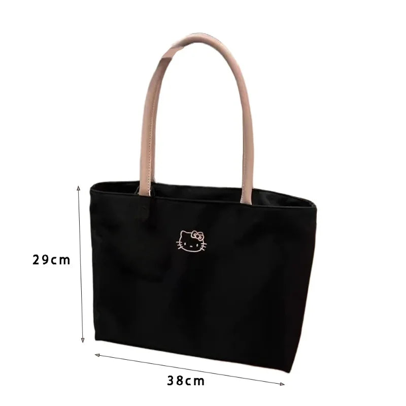 Cute cartoon embroidery large capacity shopping bag, fashionable and versatile shoulder bag, fashionable women's black handbag